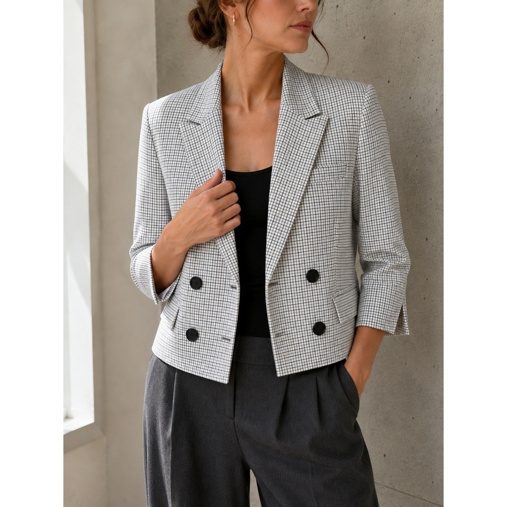 Theory Shrunken Double Breasted Grid‎ Cotton Boxy Cropped Blazer Jacket 6
